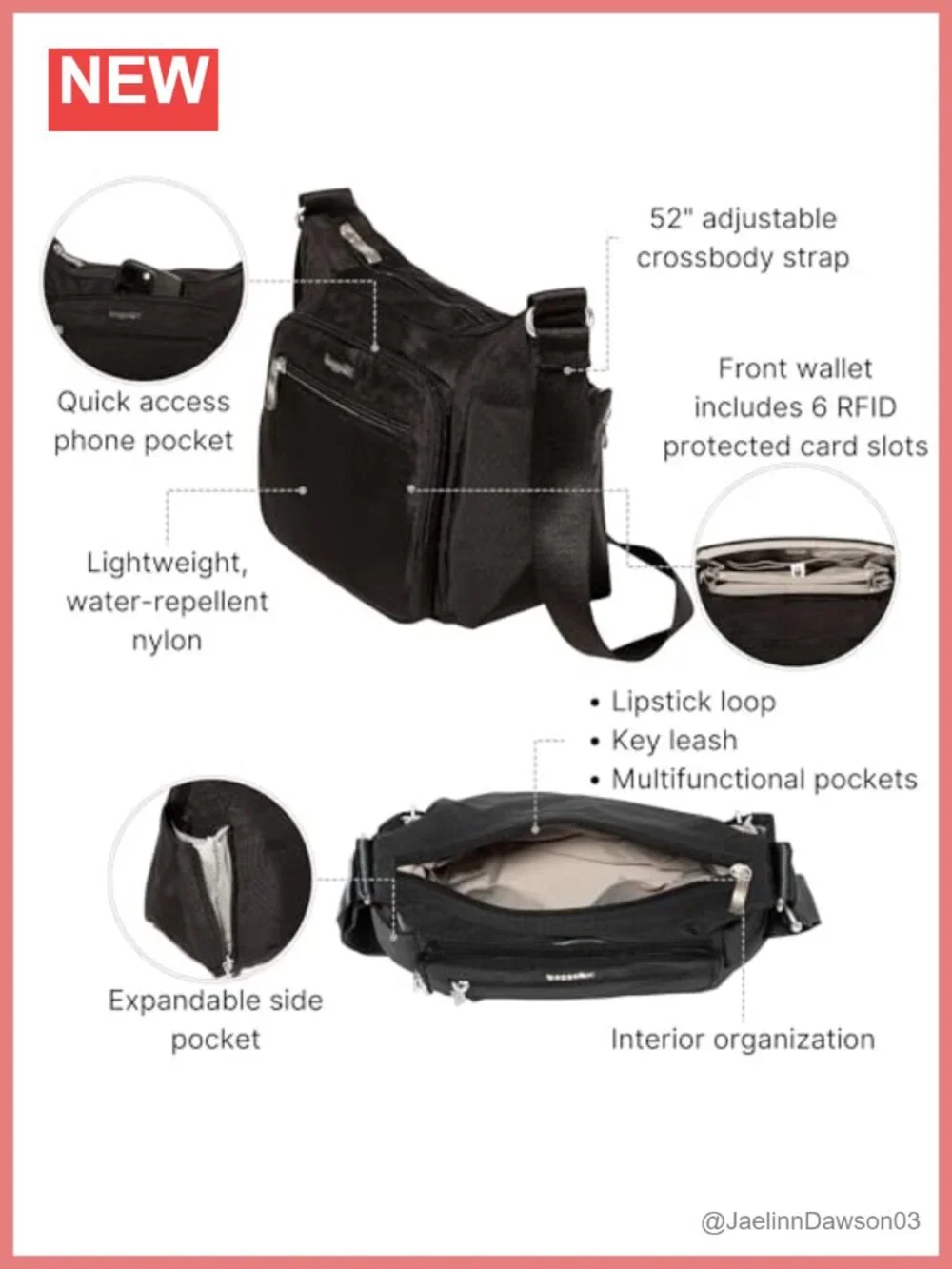 Baggallini Crosstown Hobo Crossbody Bag RFID Protection Nylon